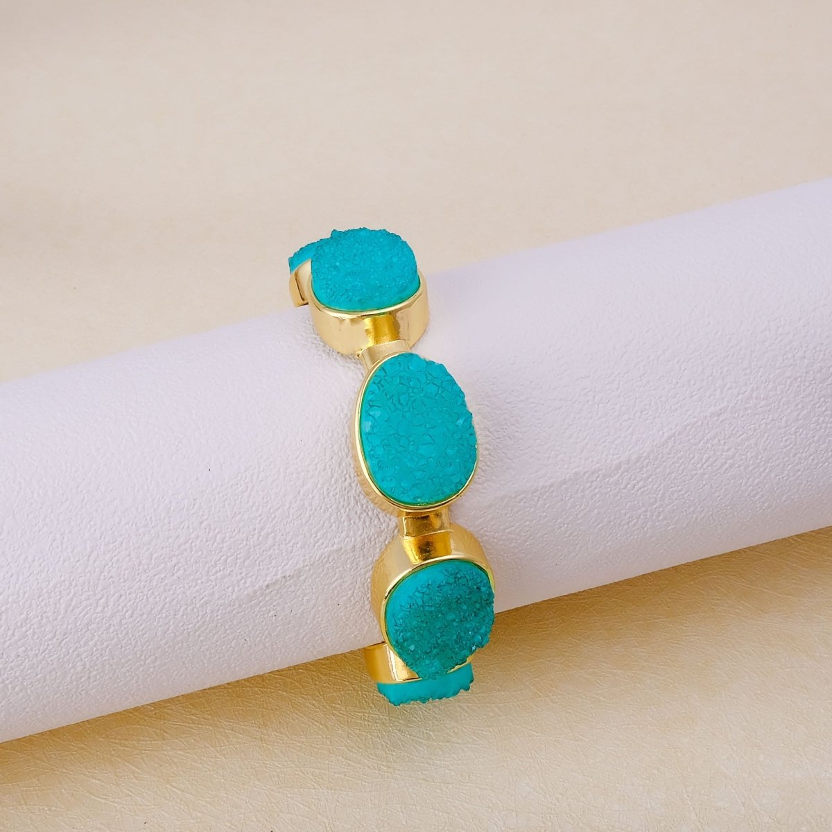 Sparkly Green Druzy Gemstone Cuff, Gold Plated Brass Adjustable Open Bangle CB - 1004