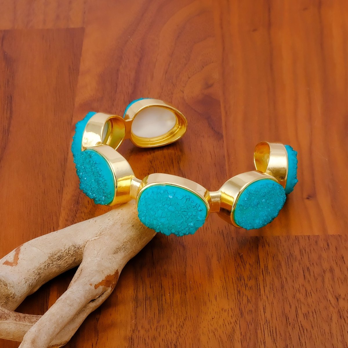 Sparkly Green Druzy Gemstone Cuff, Gold Plated Brass Adjustable Open Bangle CB - 1004