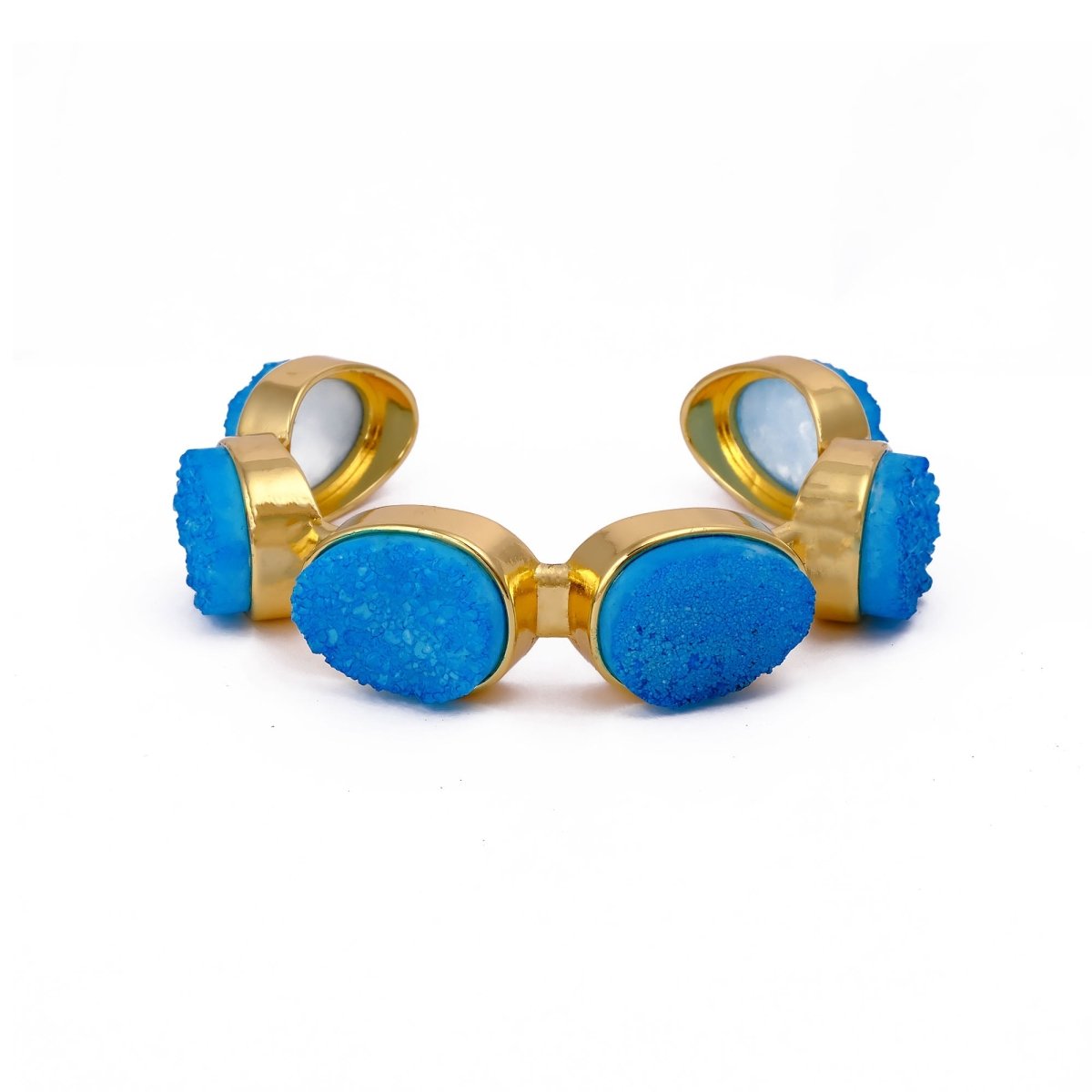 Sparkly Green Druzy Gemstone Cuff, Gold Plated Brass Adjustable Open Bangle CB - 1004