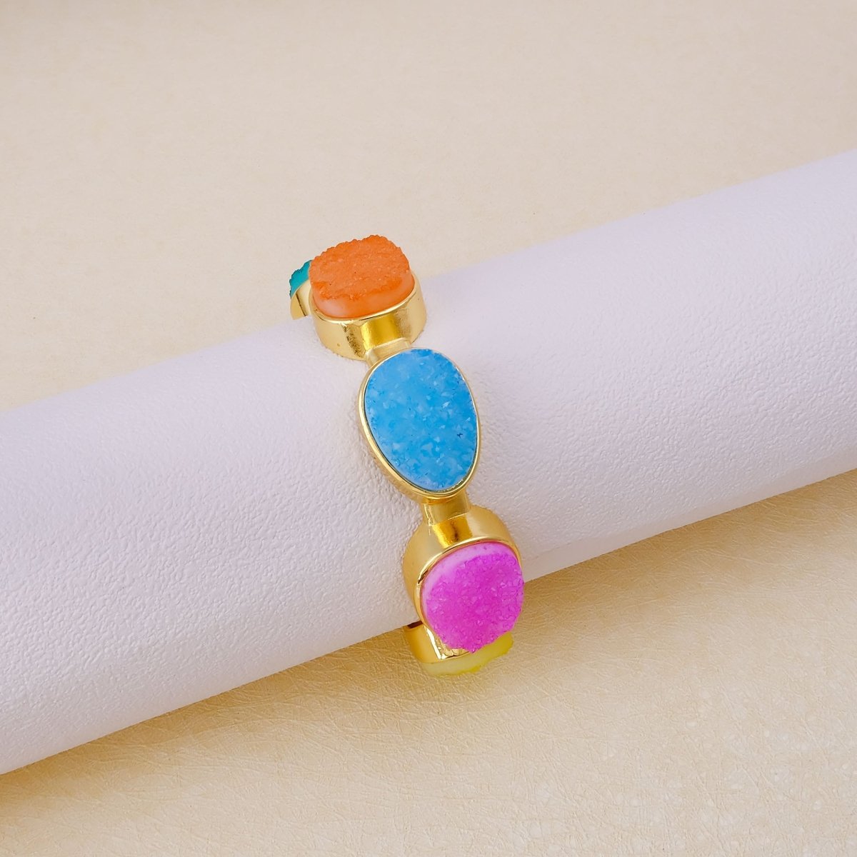 Sparkly Green Druzy Gemstone Cuff, Gold Plated Brass Adjustable Open Bangle CB - 1004