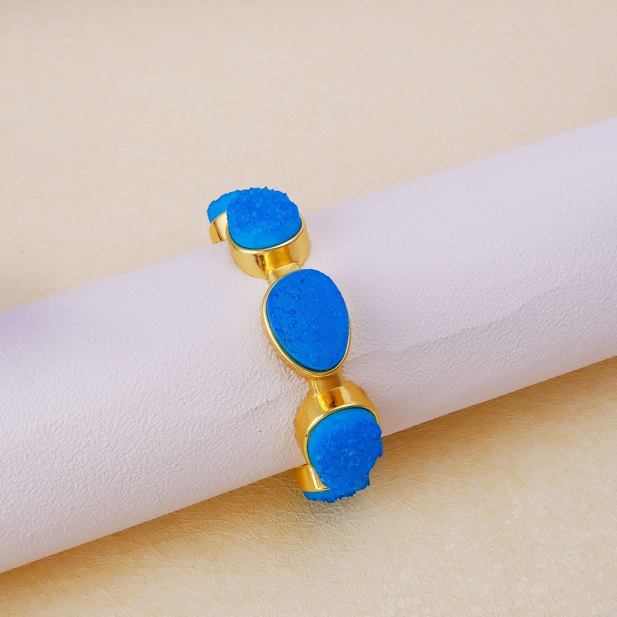 Sparkly Green Druzy Gemstone Cuff, Gold Plated Brass Adjustable Open Bangle CB - 1004