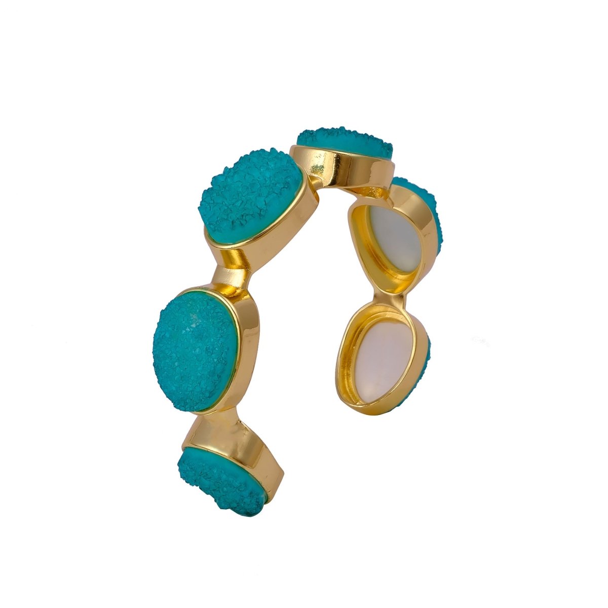 Sparkly Green Druzy Gemstone Cuff, Gold Plated Brass Adjustable Open Bangle CB - 1004