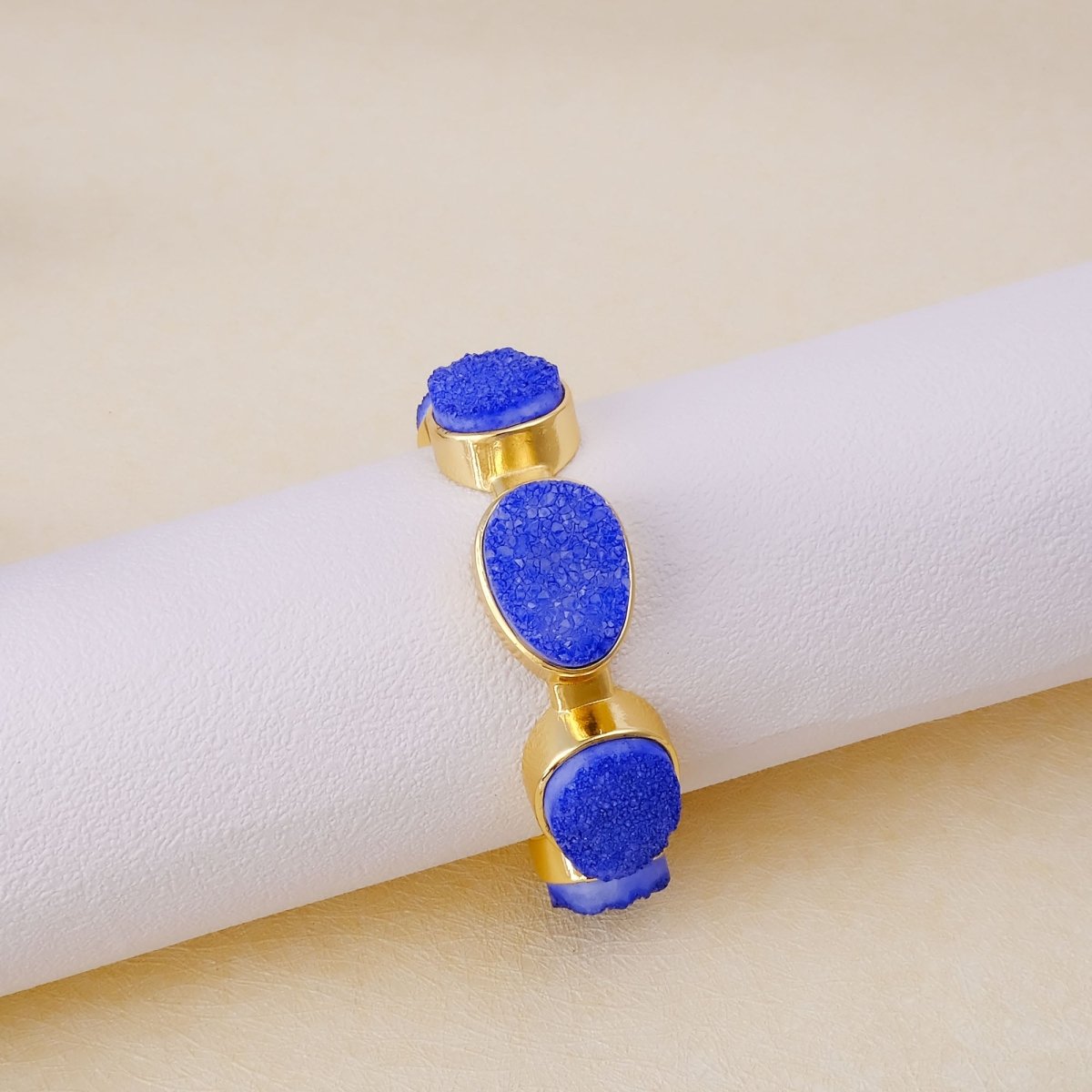 Sparkly Green Druzy Gemstone Cuff, Gold Plated Brass Adjustable Open Bangle CB - 1004
