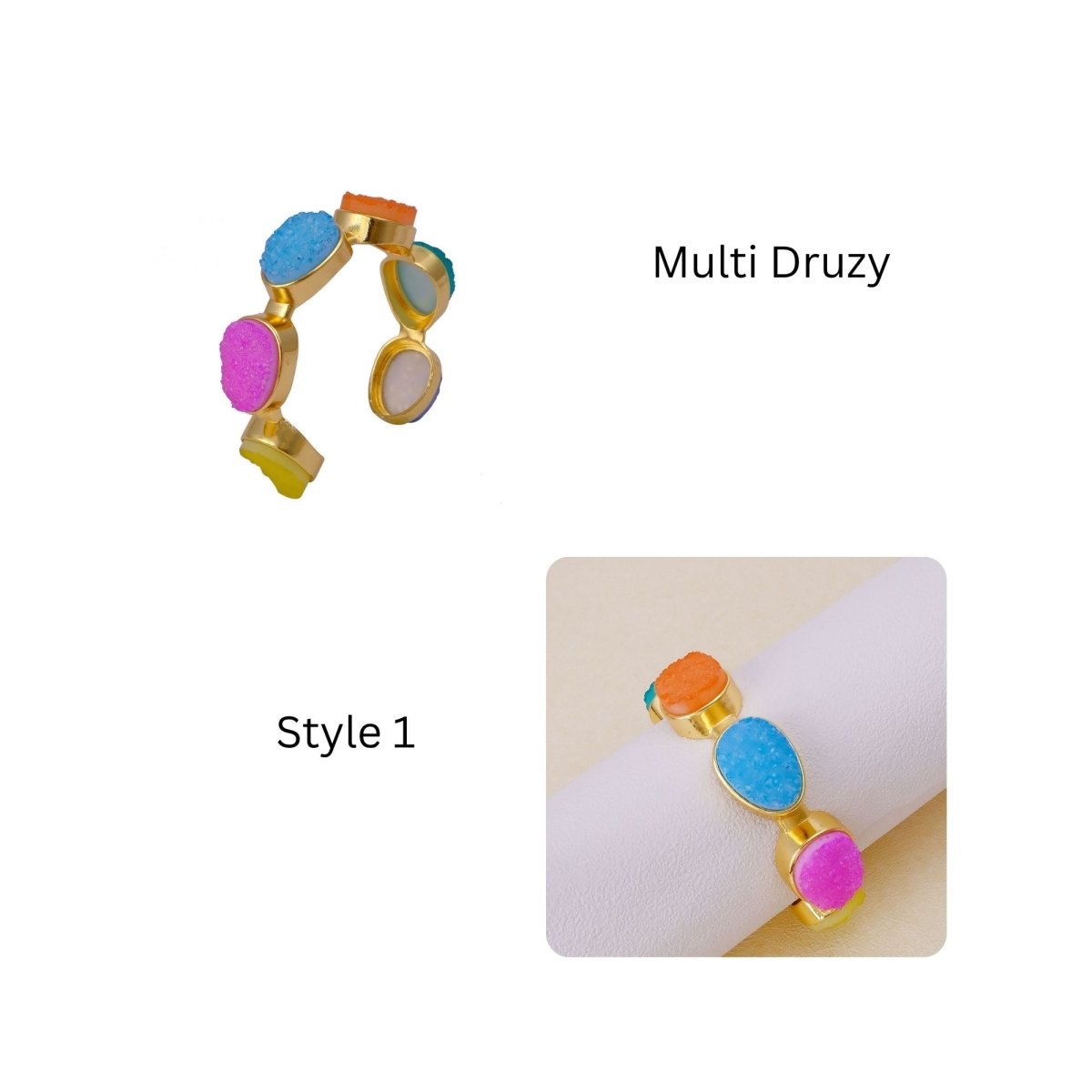 Sparkly Green Druzy Gemstone Cuff, Gold Plated Brass Adjustable Open Bangle CB - 1004