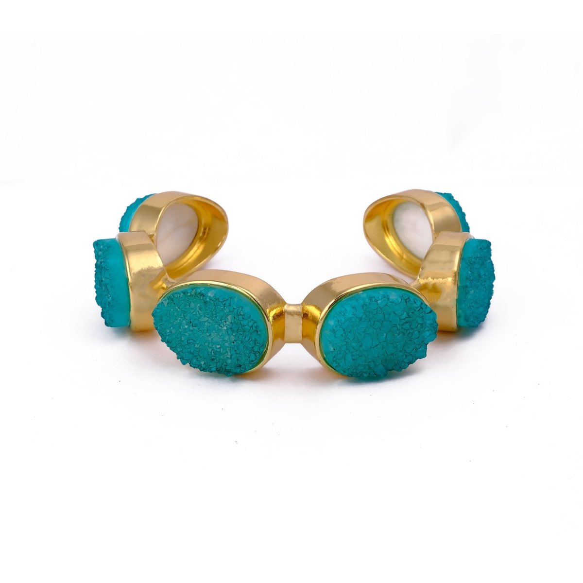 Sparkly Green Druzy Gemstone Cuff, Gold Plated Brass Adjustable Open Bangle CB - 1004