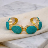 Sparkly Green Druzy Gemstone Cuff, Gold Plated Brass Adjustable Open Bangle CB - 1004