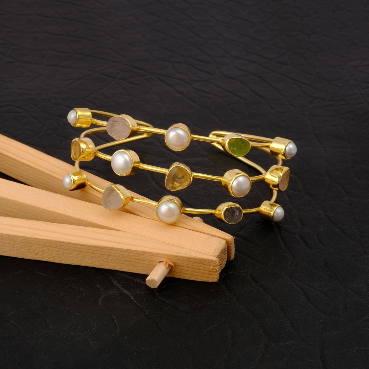 Statement Gold Plated Brass Cuff, Multi - Color Raw Gemstone Bangles 3501