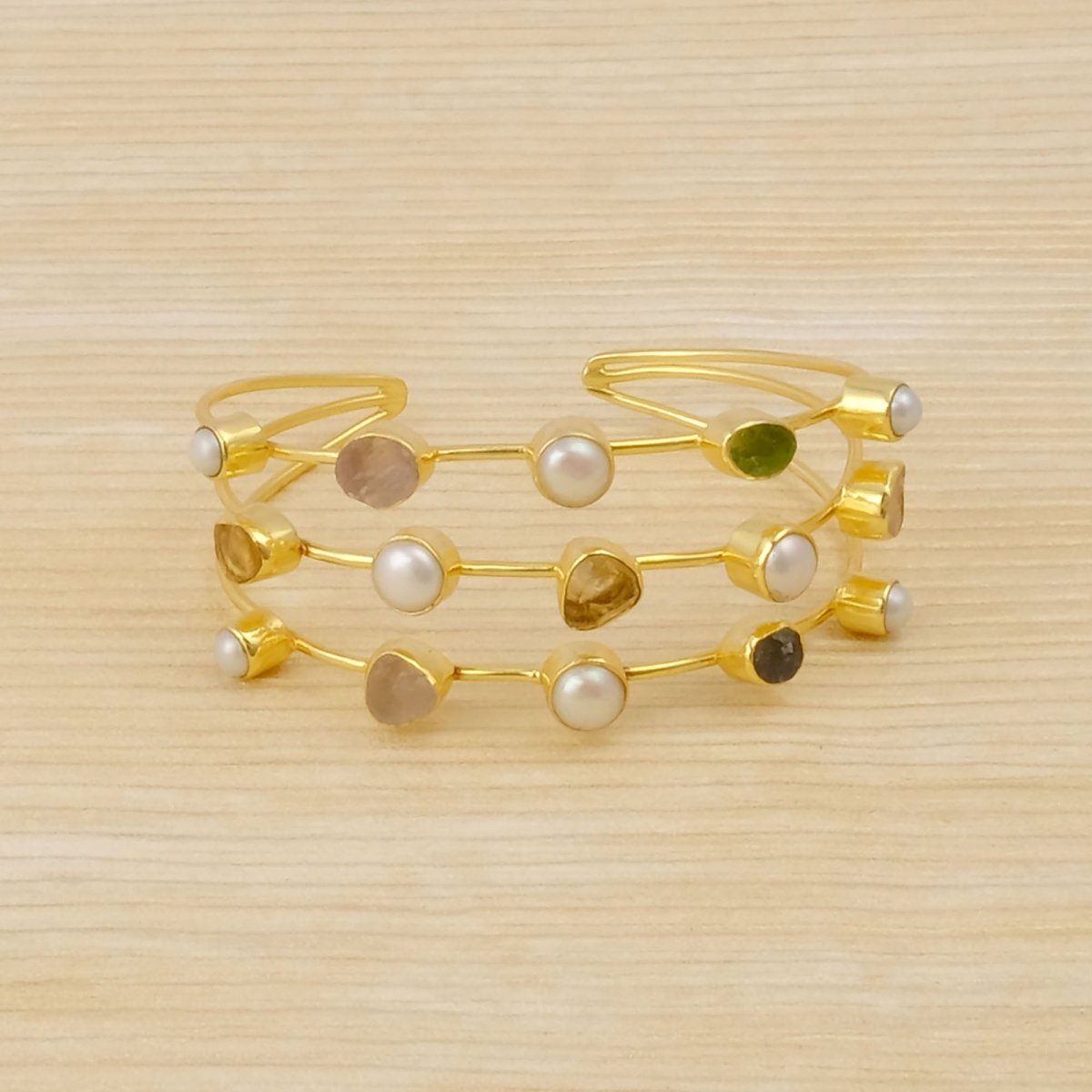 Statement Gold Plated Brass Cuff, Multi - Color Raw Gemstone Bangles 3501