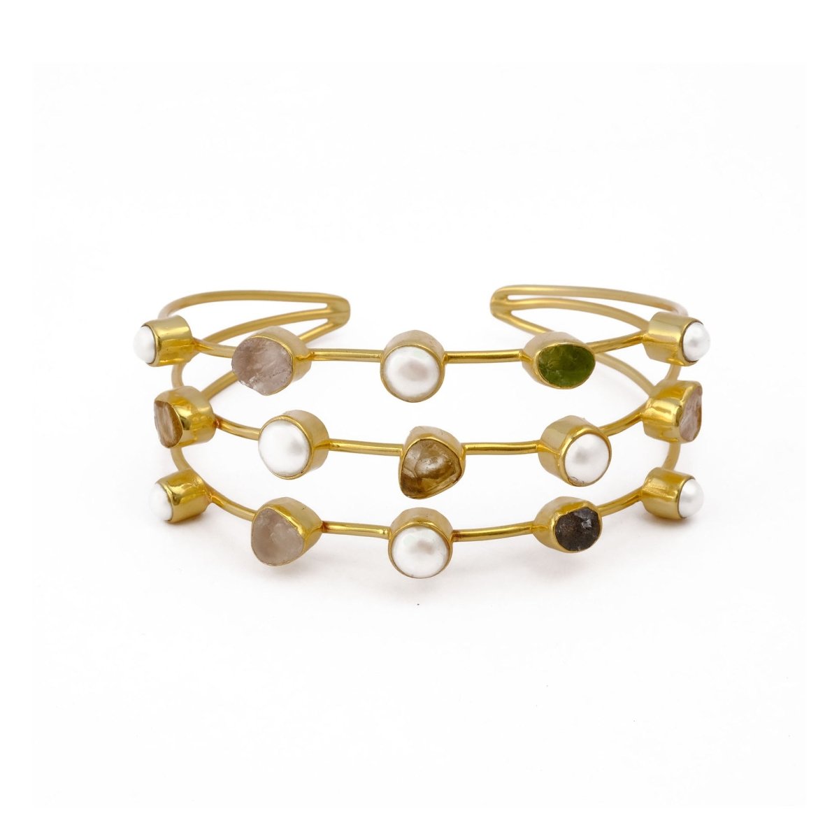 Statement Gold Plated Brass Cuff, Multi - Color Raw Gemstone Bangles 3501
