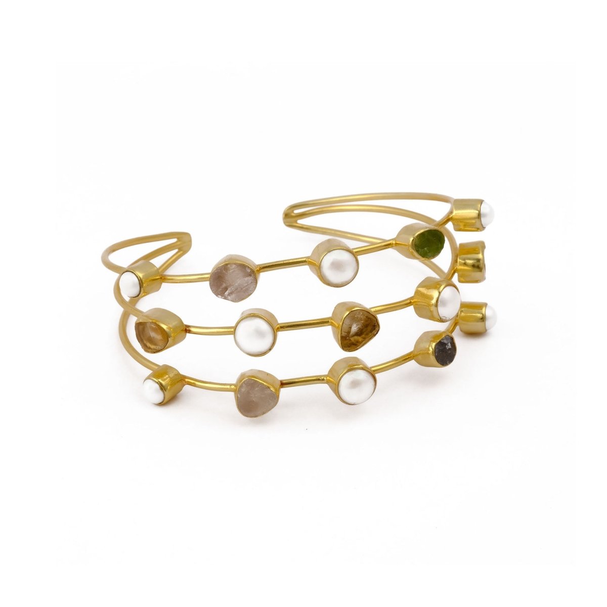 Statement Gold Plated Brass Cuff, Multi - Color Raw Gemstone Bangles 3501