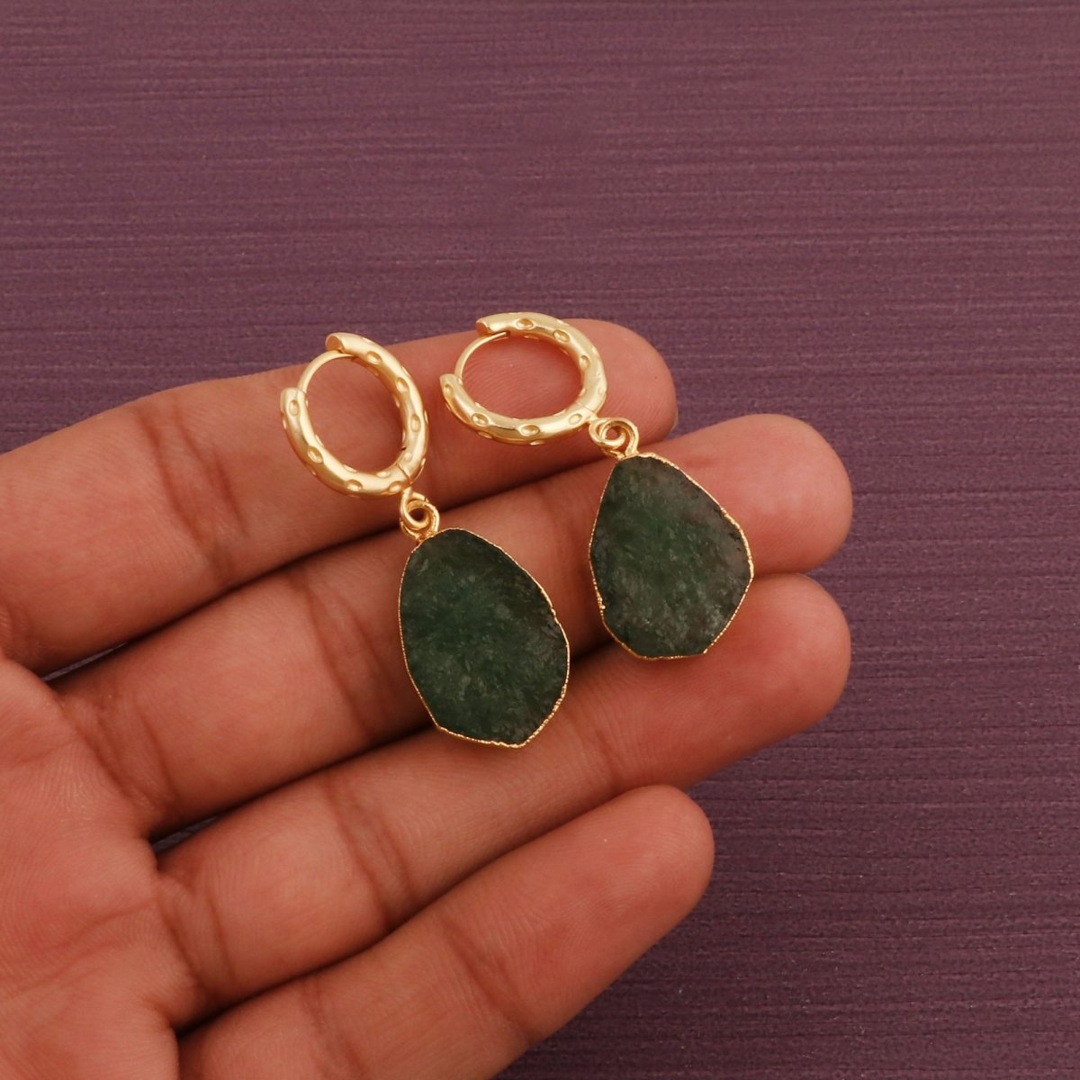 Strawberry Quartz Raw Gemstone Hoop Earrings, Luxury Gold Drop Earrings 5216
