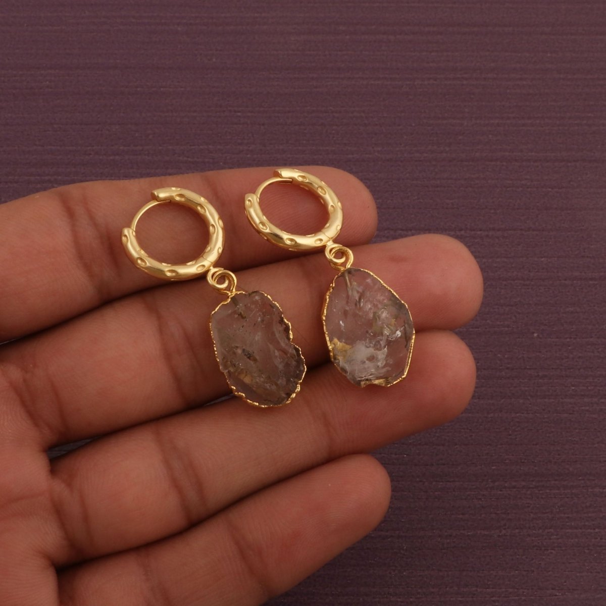 Strawberry Quartz Raw Gemstone Hoop Earrings, Luxury Gold Drop Earrings 5216