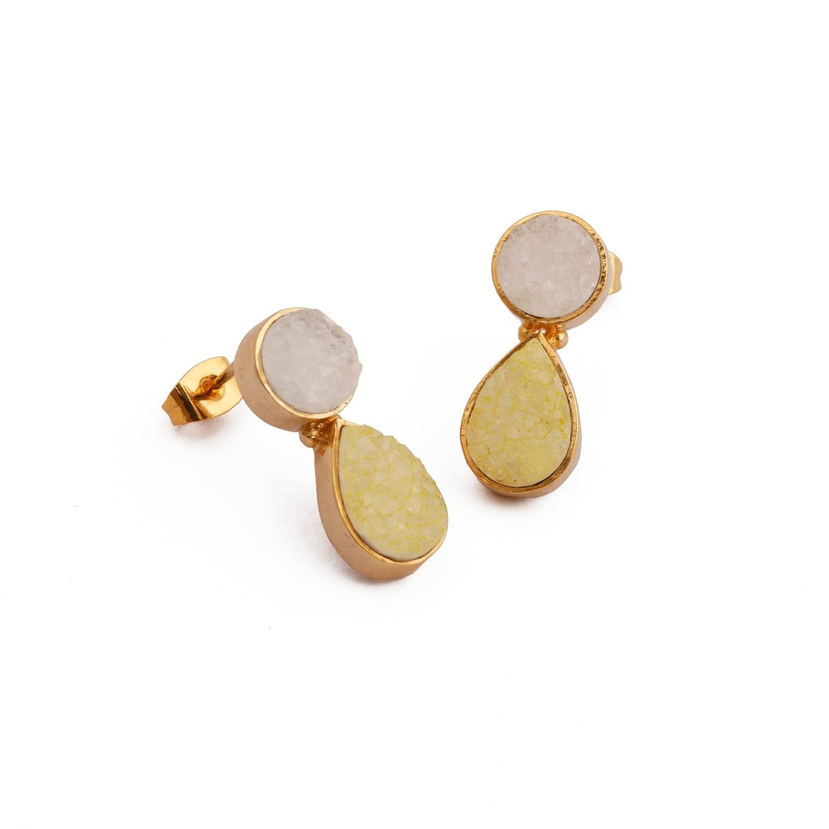Sugar Druzy Stud Earrings White & Yellow Gemstone Gold Plated Teardrop Earring