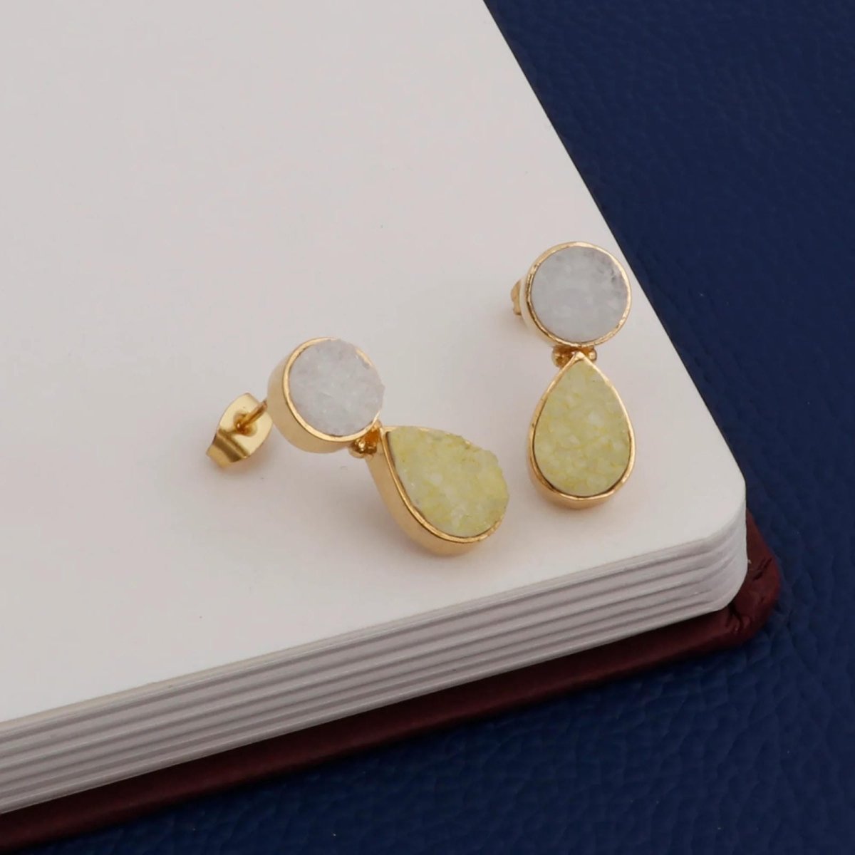 Sugar Druzy Stud Earrings White & Yellow Gemstone Gold Plated Teardrop Earring