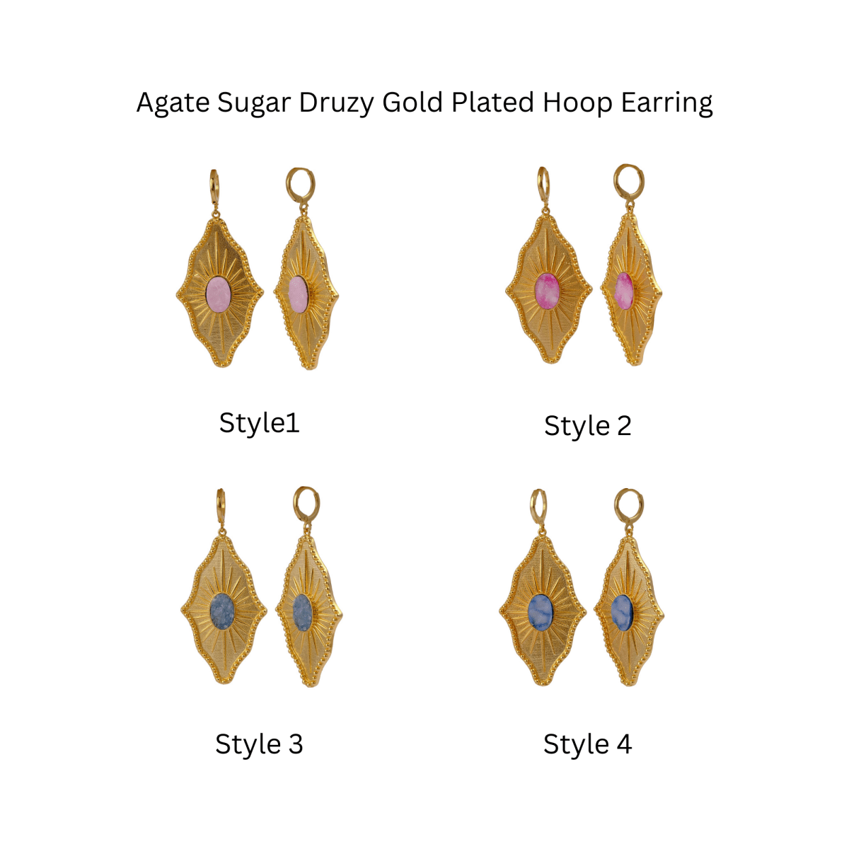 Sugar Druzy Sunburst Hoop Earrings, Gold Plated Drop Earrings 5379