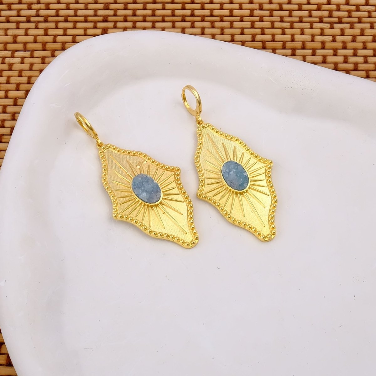 Sugar Druzy Sunburst Hoop Earrings, Gold Plated Drop Earrings 5379