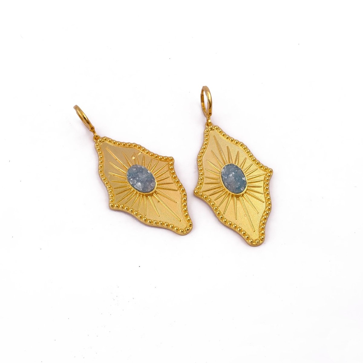 Sugar Druzy Sunburst Hoop Earrings, Gold Plated Drop Earrings 5379