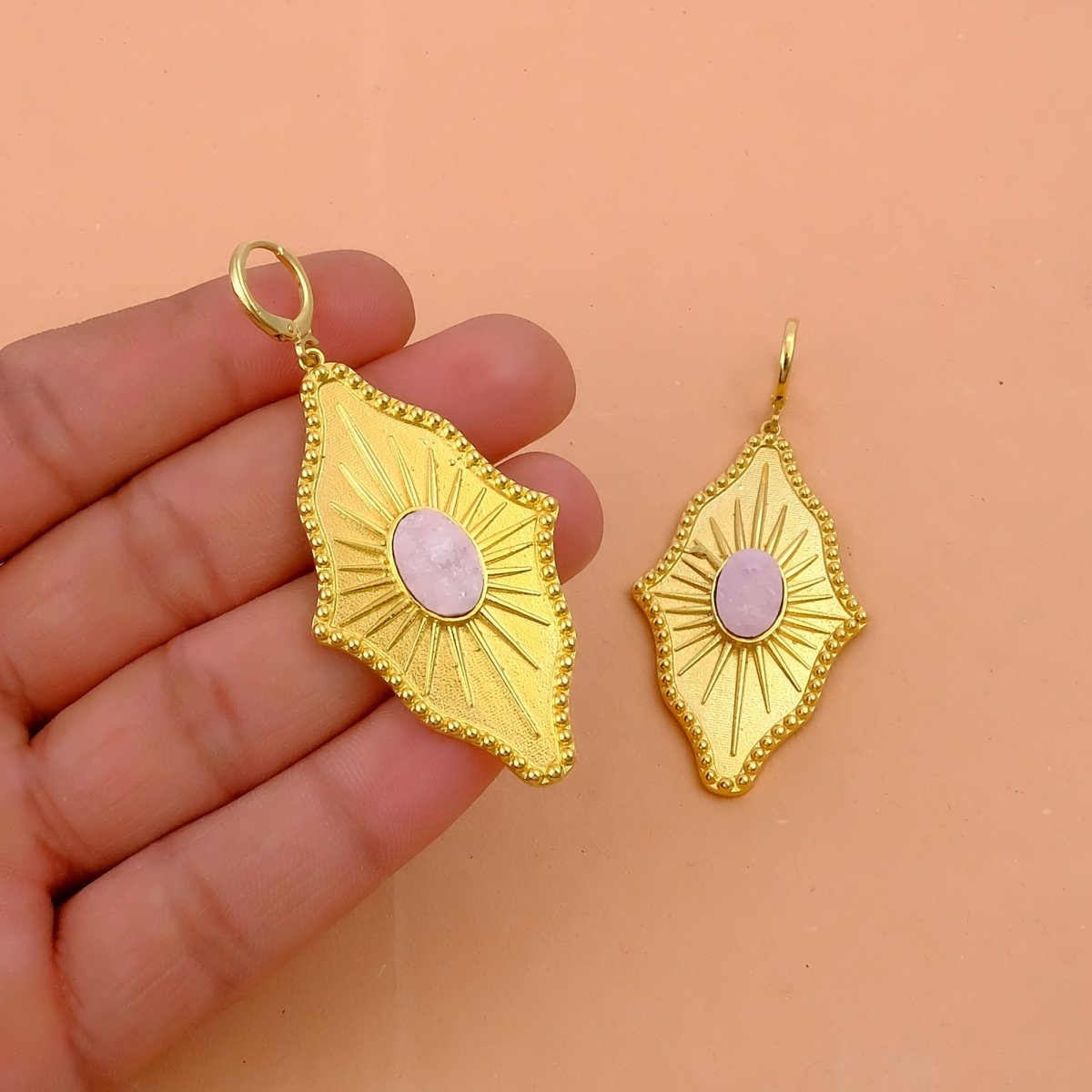 Sugar Druzy Sunburst Hoop Earrings, Gold Plated Drop Earrings 5379