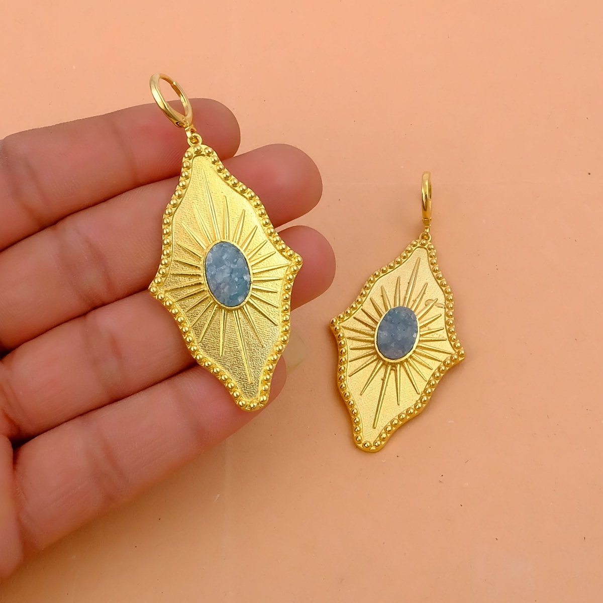 Sugar Druzy Sunburst Hoop Earrings, Gold Plated Drop Earrings 5379