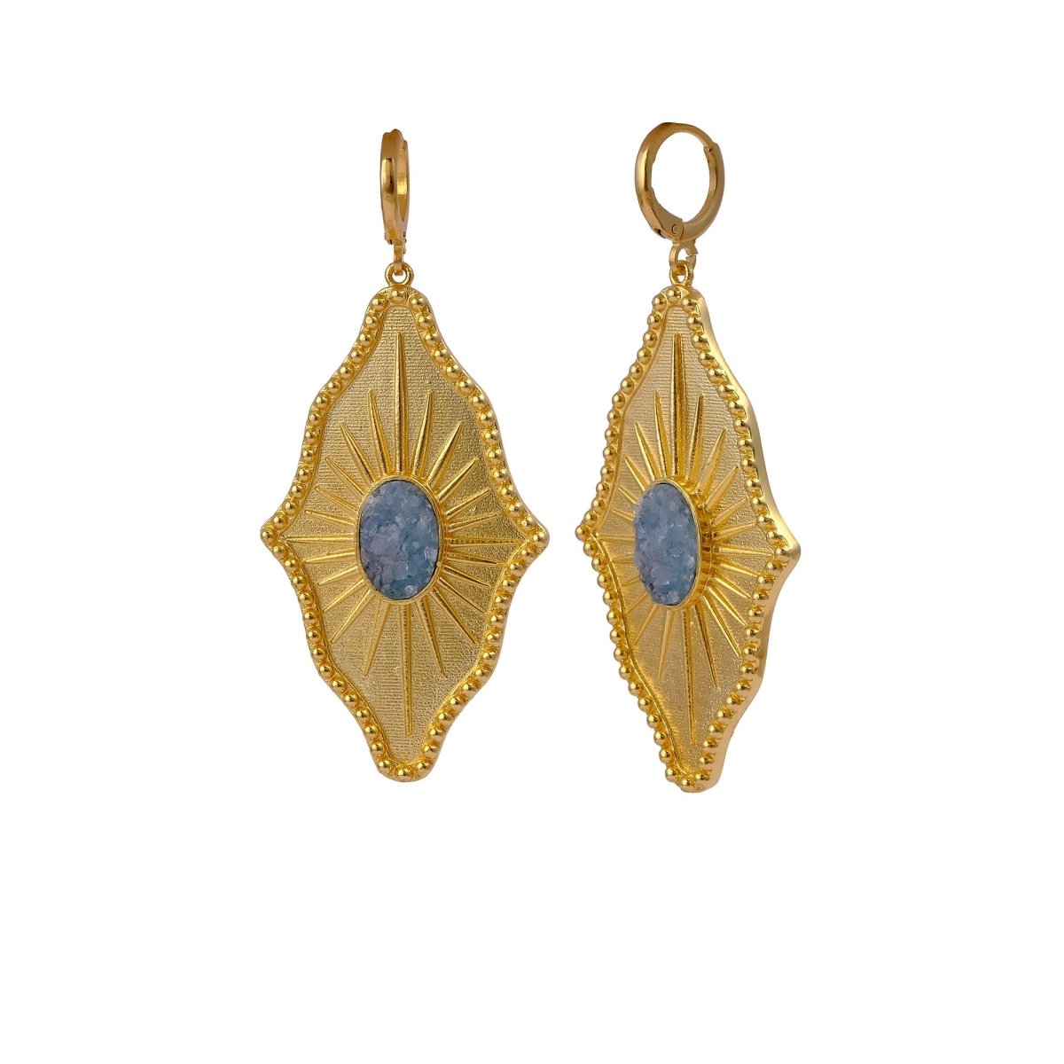 Sugar Druzy Sunburst Hoop Earrings, Gold Plated Drop Earrings 5379