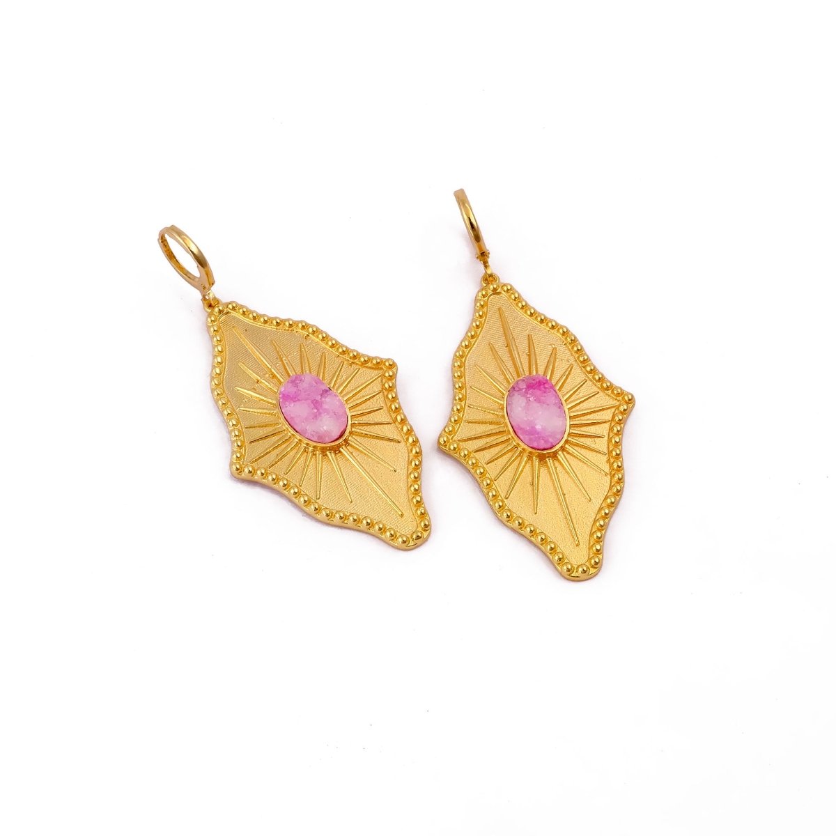 Sugar Druzy Sunburst Hoop Earrings, Gold Plated Drop Earrings 5379