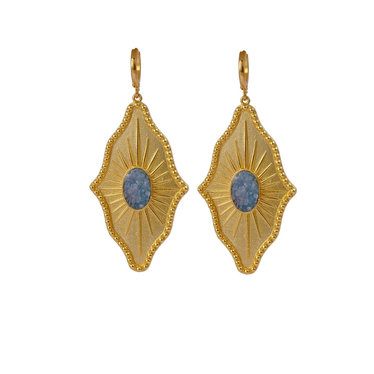 Sugar Druzy Sunburst Hoop Earrings, Gold Plated Drop Earrings 5379