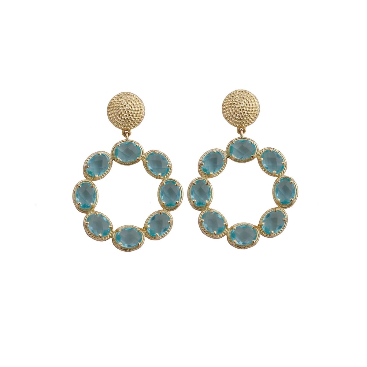 Swiss Blue Topaz Earrings Gold Plated Texture Stud Prong Setting Stud