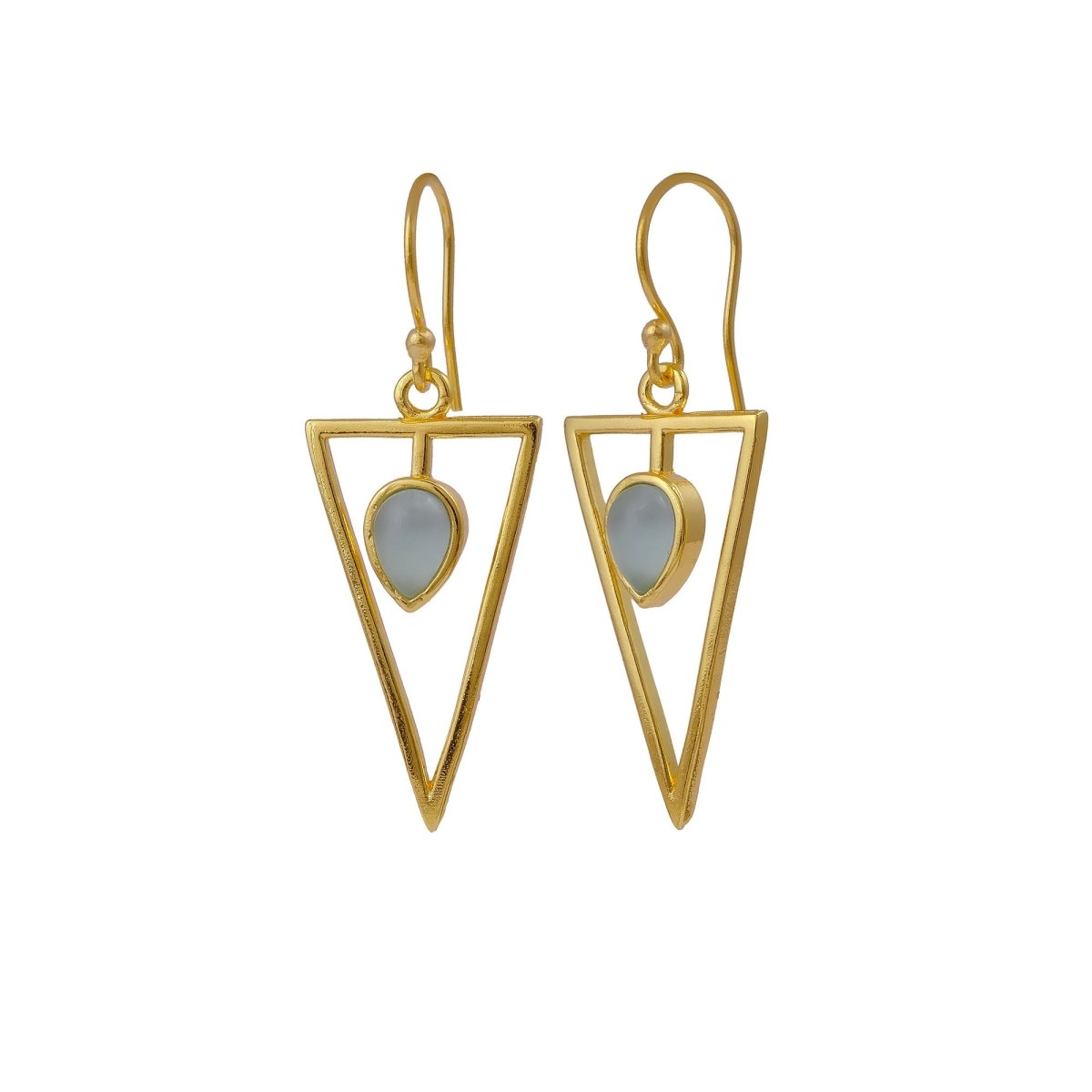 Teardrop Stone Green Cat's Eye, Dainty Gold Plated Triangle Hook Earrings CE - 1032