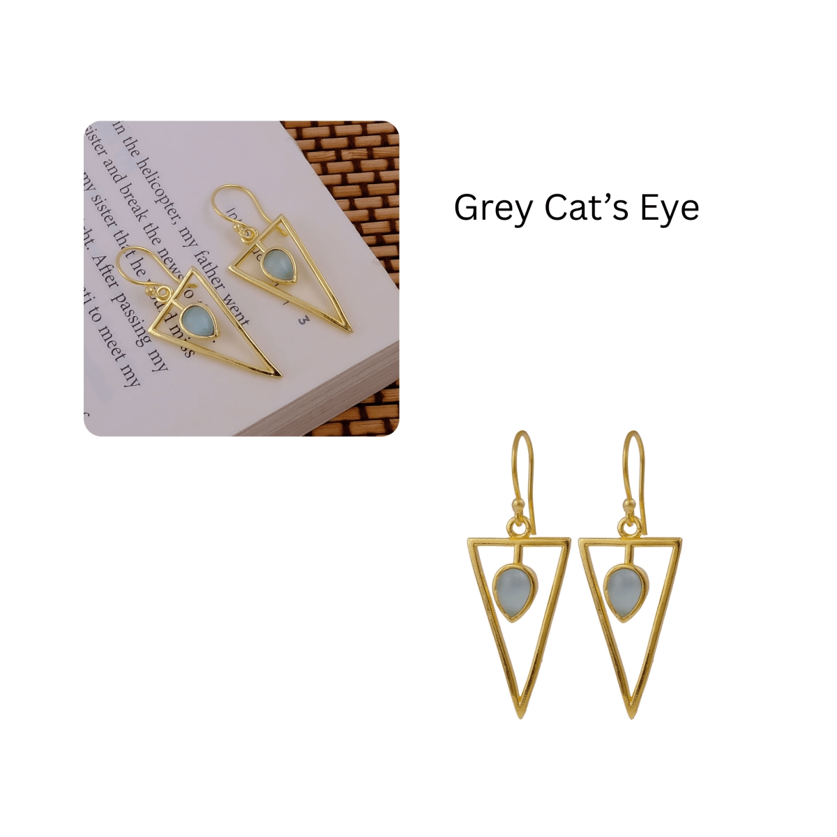 Teardrop Stone Green Cat's Eye, Dainty Gold Plated Triangle Hook Earrings CE - 1032