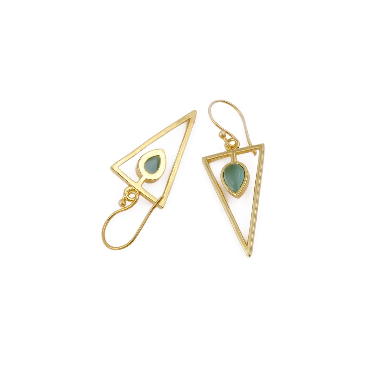 Teardrop Stone Green Cat's Eye, Dainty Gold Plated Triangle Hook Earrings CE - 1032