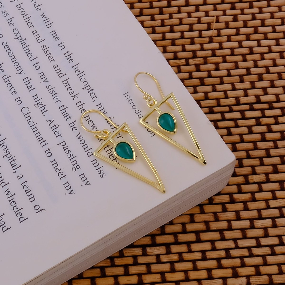Teardrop Stone Green Cat's Eye, Dainty Gold Plated Triangle Hook Earrings CE - 1032