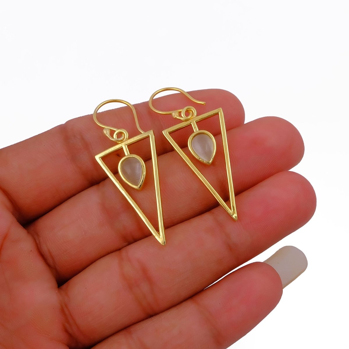 Teardrop Stone Green Cat's Eye, Dainty Gold Plated Triangle Hook Earrings CE - 1032