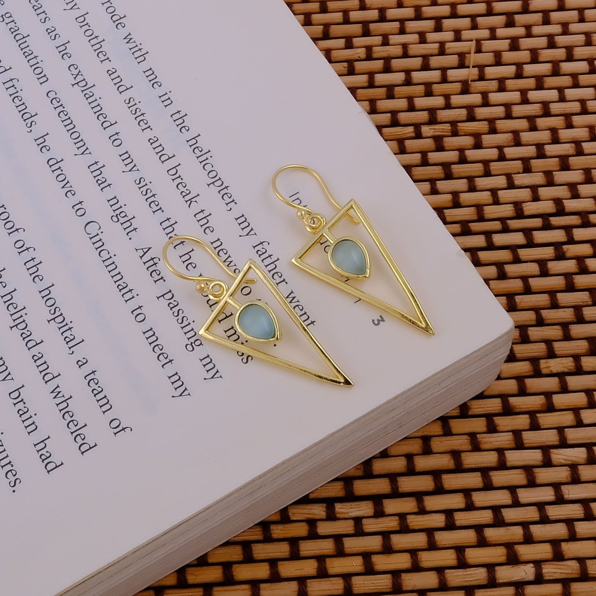 Teardrop Stone Green Cat's Eye, Dainty Gold Plated Triangle Hook Earrings CE - 1032