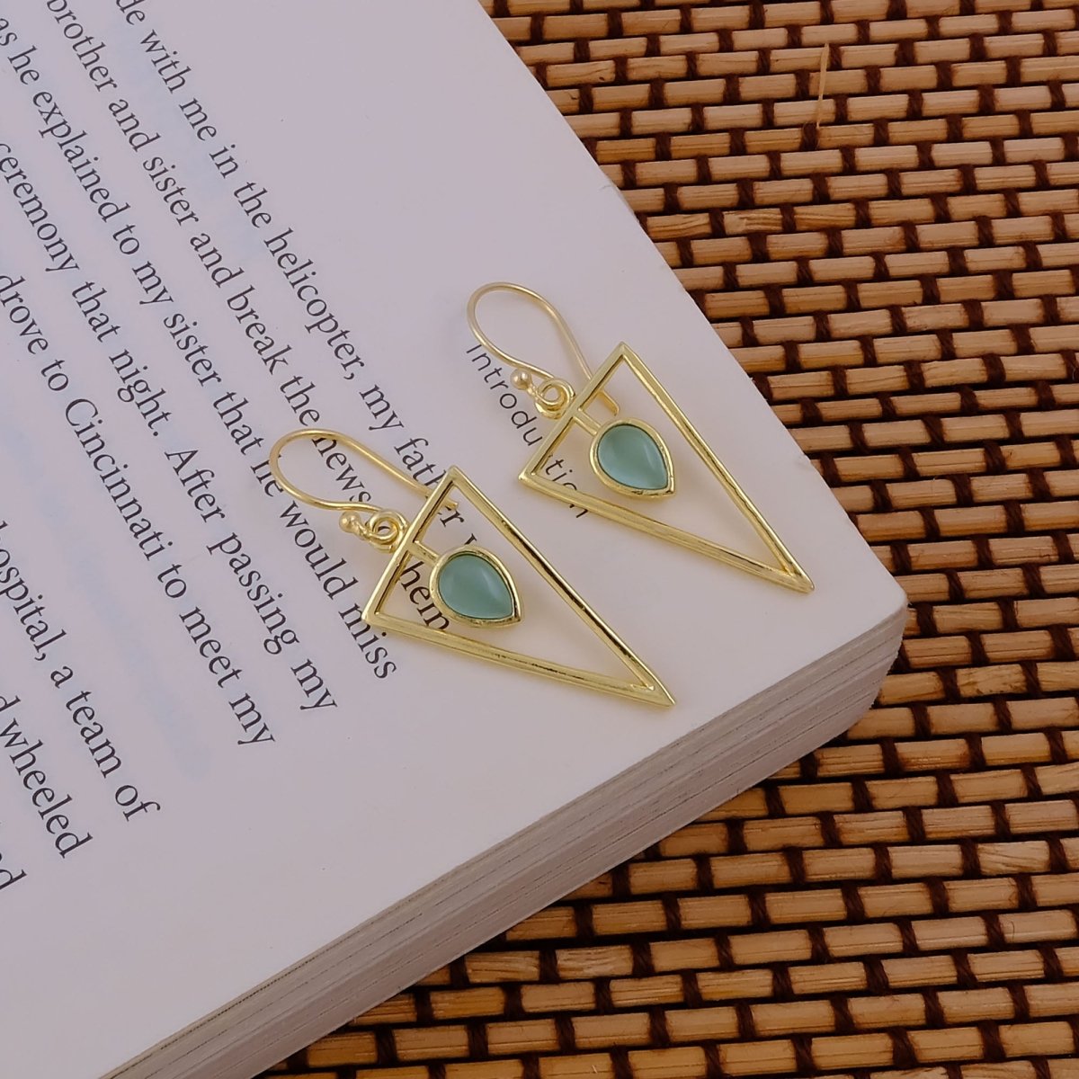 Teardrop Stone Green Cat's Eye, Dainty Gold Plated Triangle Hook Earrings CE - 1032