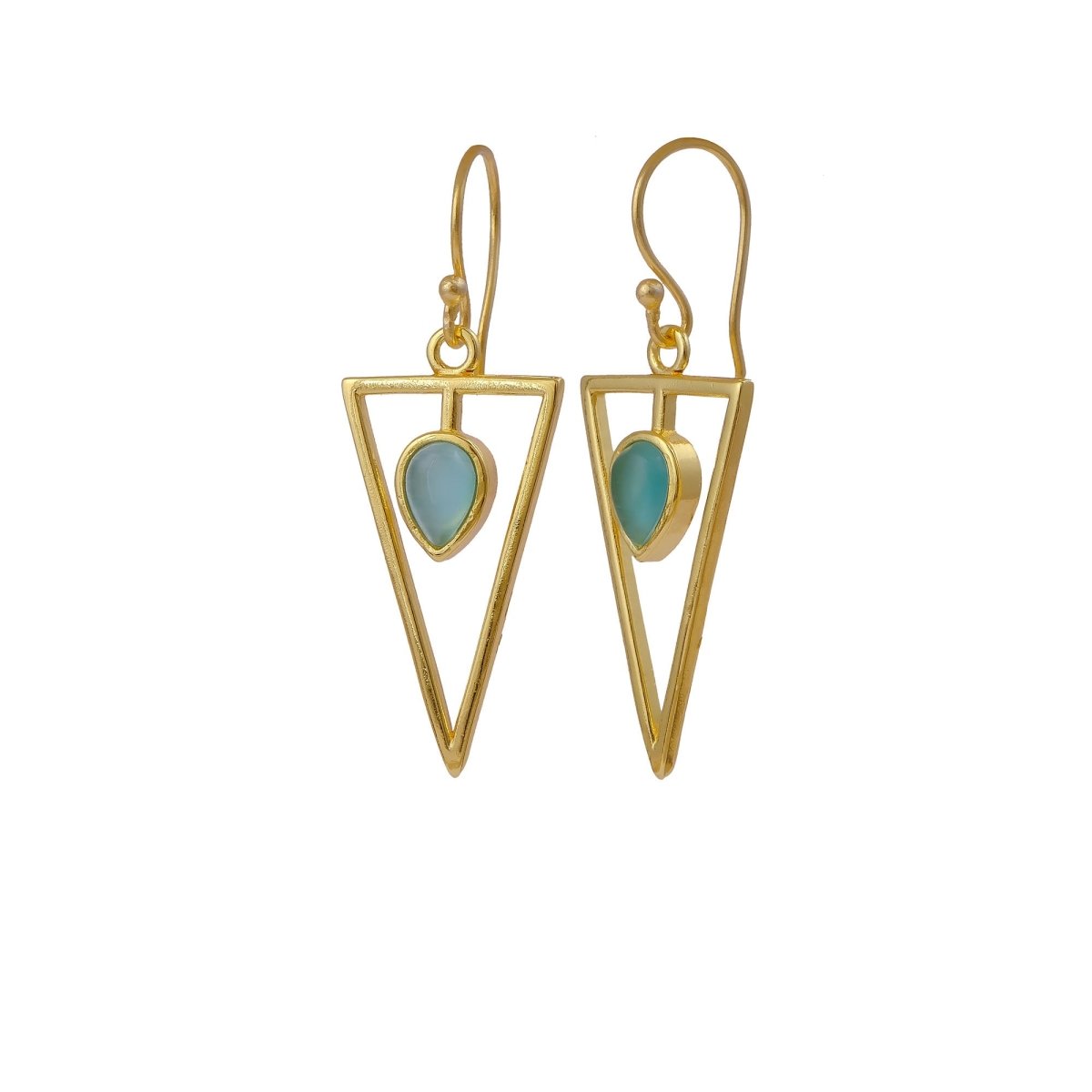Teardrop Stone Green Cat's Eye, Dainty Gold Plated Triangle Hook Earrings CE - 1032