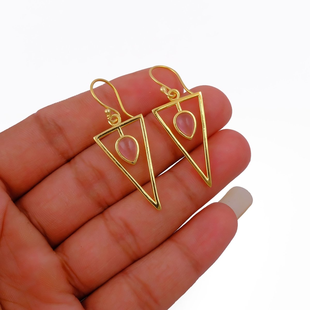 Teardrop Stone Green Cat's Eye, Dainty Gold Plated Triangle Hook Earrings CE - 1032