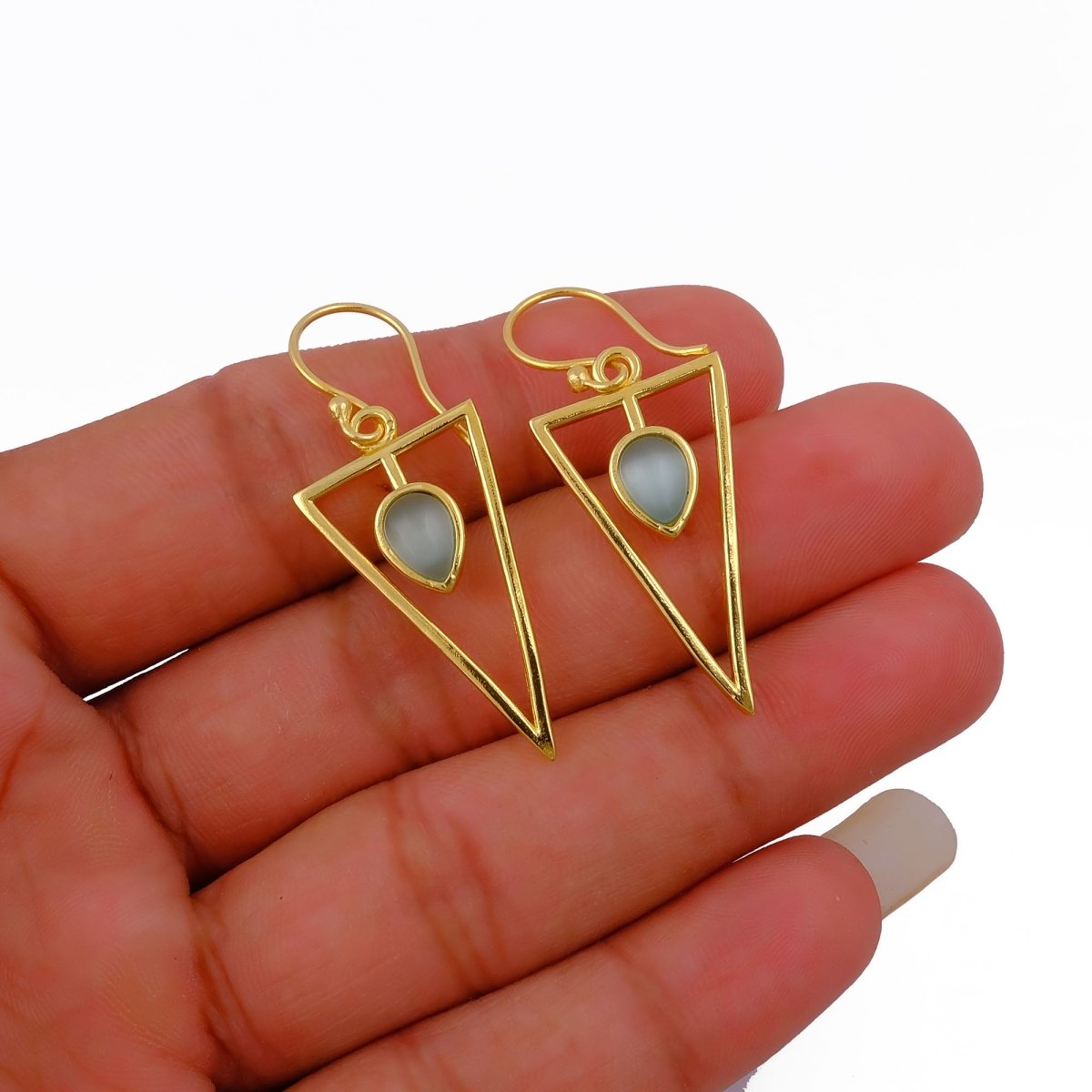 Teardrop Stone Green Cat's Eye, Dainty Gold Plated Triangle Hook Earrings CE - 1032