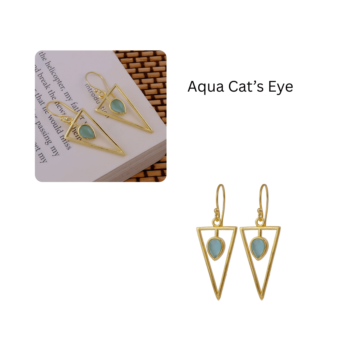 Teardrop Stone Green Cat's Eye, Dainty Gold Plated Triangle Hook Earrings CE - 1032