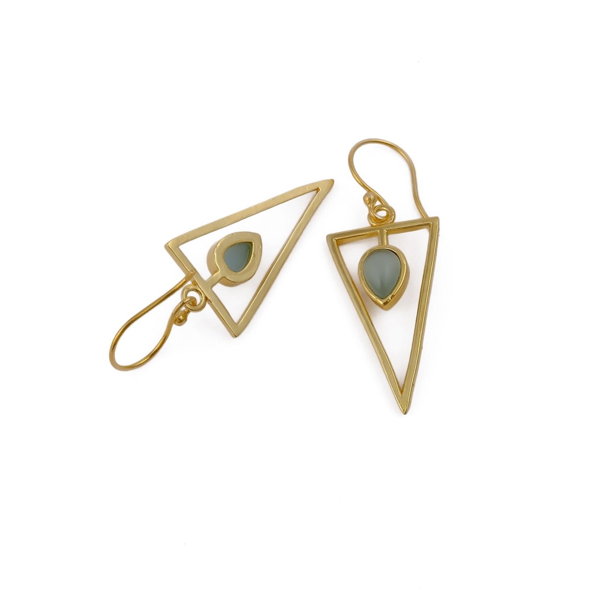 Teardrop Stone Green Cat's Eye, Dainty Gold Plated Triangle Hook Earrings CE - 1032