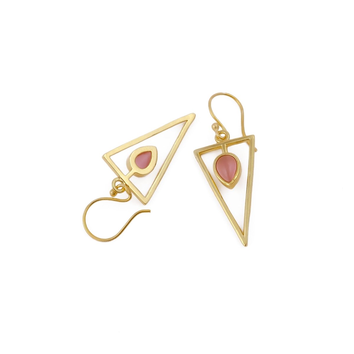Teardrop Stone Green Cat's Eye, Dainty Gold Plated Triangle Hook Earrings CE - 1032