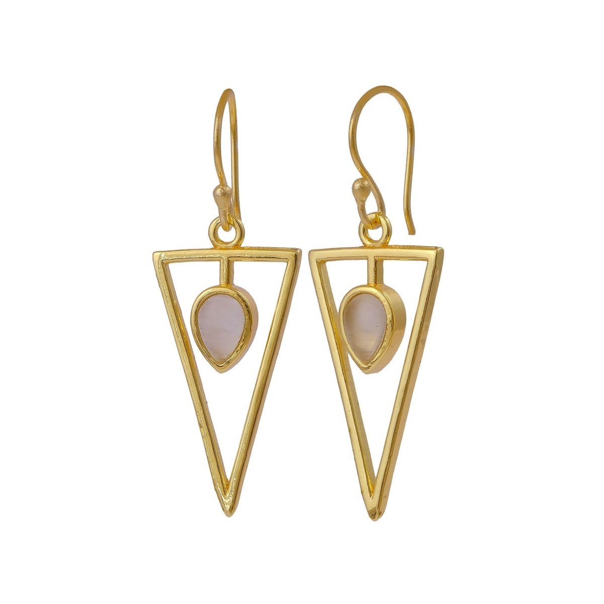 Teardrop Stone Green Cat's Eye, Dainty Gold Plated Triangle Hook Earrings CE - 1032