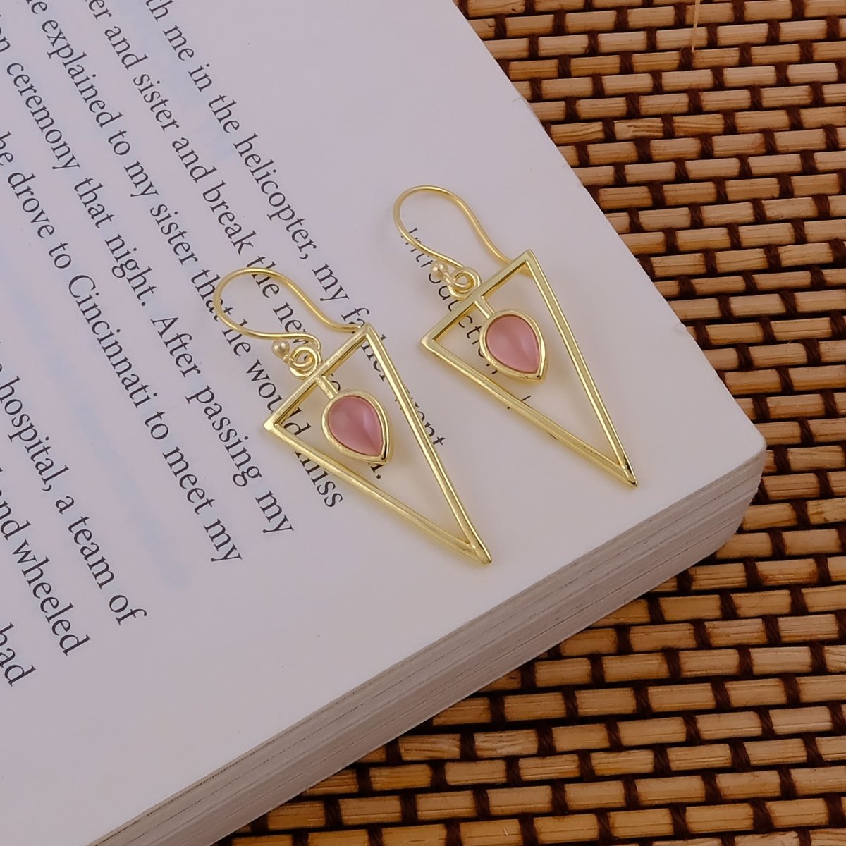 Teardrop Stone Green Cat's Eye, Dainty Gold Plated Triangle Hook Earrings CE - 1032