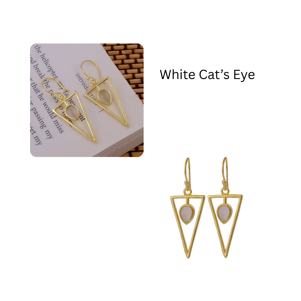 Teardrop Stone Green Cat's Eye, Dainty Gold Plated Triangle Hook Earrings CE - 1032