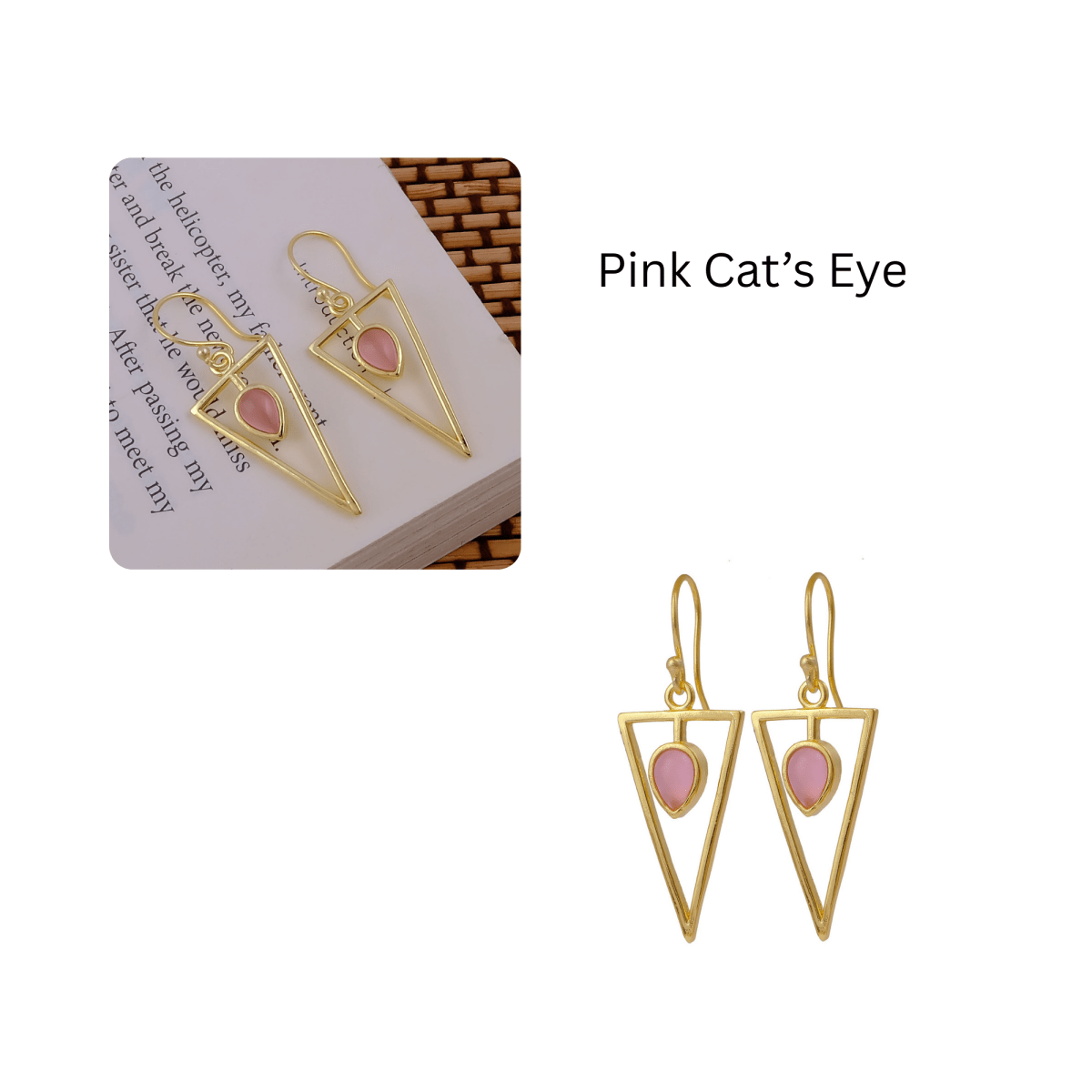 Teardrop Stone Green Cat's Eye, Dainty Gold Plated Triangle Hook Earrings CE - 1032