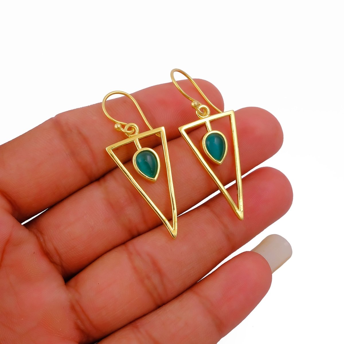 Teardrop Stone Green Cat's Eye, Dainty Gold Plated Triangle Hook Earrings CE - 1032