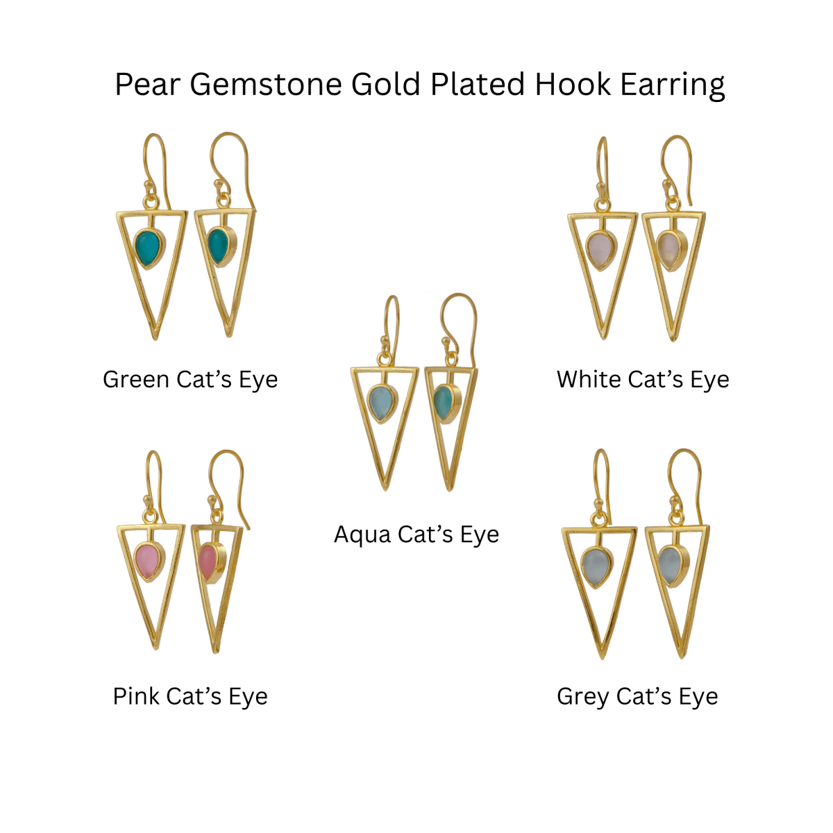 Teardrop Stone Green Cat's Eye, Dainty Gold Plated Triangle Hook Earrings CE - 1032