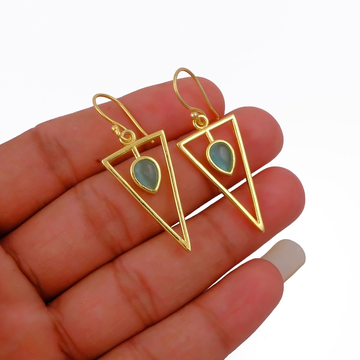 Teardrop Stone Green Cat's Eye, Dainty Gold Plated Triangle Hook Earrings CE - 1032