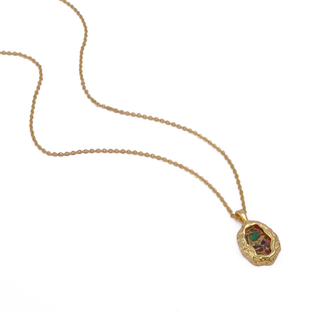 Textured Frame Gold Plated Necklace, Gemstone Resin Pendant Necklace CN-1001