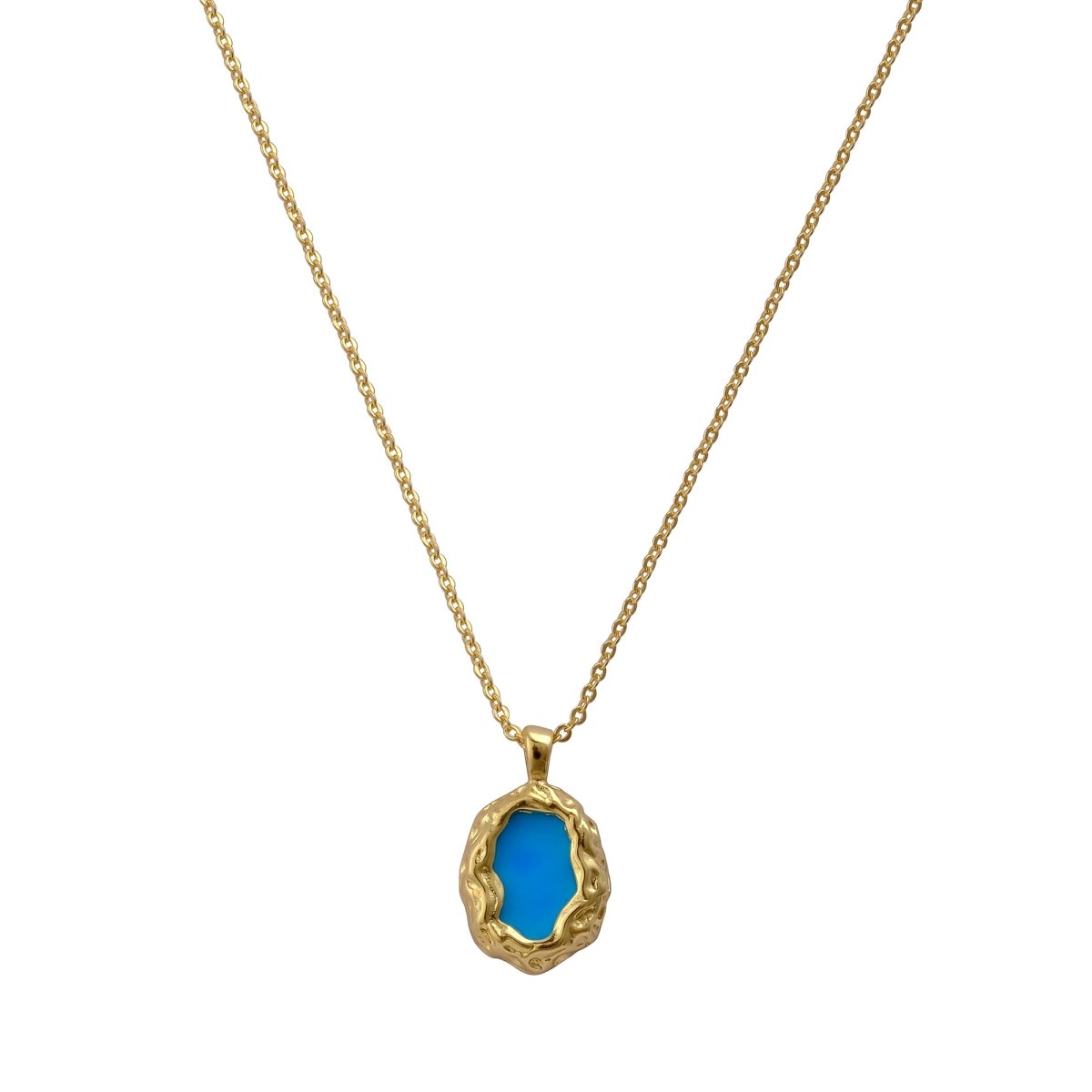 Textured Frame Gold Plated Necklace, Gemstone Resin Pendant Necklace CN-1001 Blue Turquoise