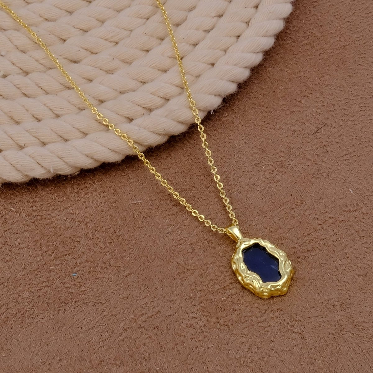 Textured Frame Gold Plated Necklace, Gemstone Resin Pendant Necklace CN-1001 Lapis Lazuli